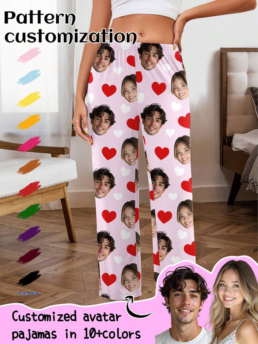 Pantalon de pyjama personnalisé pour femmes Printstory, design de portrait de couple personnalisé, vêtements de détente confortables et décontractés, pour la famille, jambe large, cadeau personnalisé, anniversaire - Rose bonbon - Voir 1