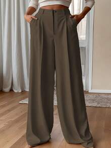 Plus Size High Waist Solid Color Zipper Pocket Draping Straight Leg Casual Pants