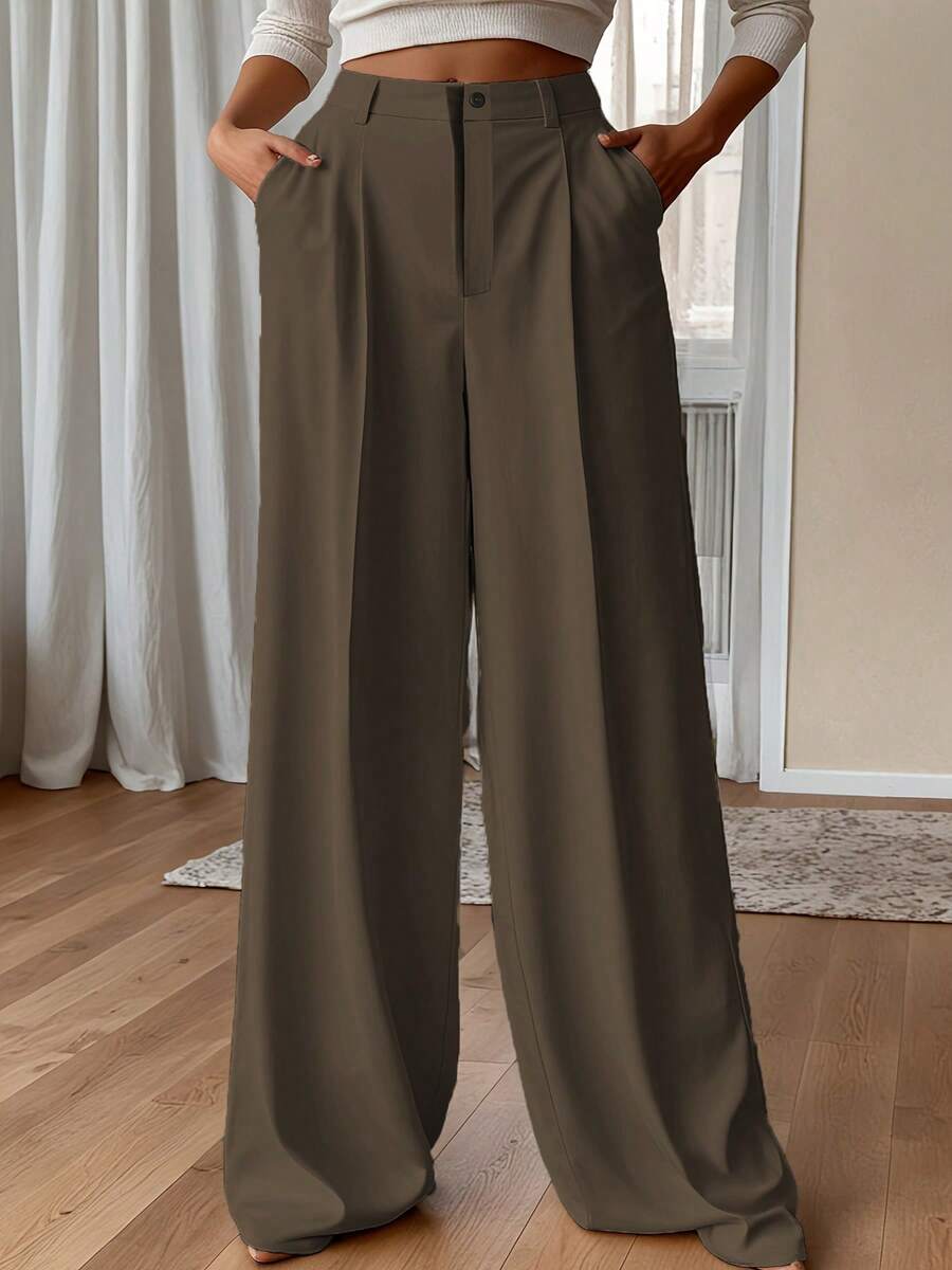 Plus Size High Waist Solid Color Zipper Pocket Draping Straight Leg Casual Pants