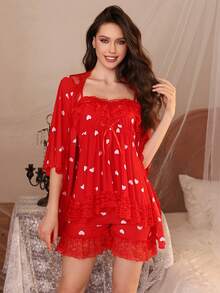 3pcs Women Lace Patchwork Sexy Fitted Comfortable Ice Silk Robe & Camisole Top & Shorts Sleepwear Pajama Set, Fall Clothes, Christmas