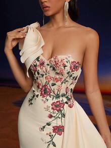 Elisanya 花卉贴花蝴蝶结装饰单肩鸡尾酒会礼服 - 香檳色 - 查看 8