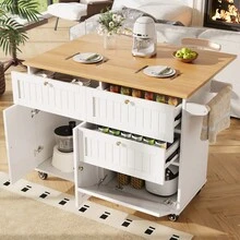 Modern Kitchen Island, Kitchen Cabinet, Buffet Cabinet, Dining Car With Wood Grain, Buffet Cabinet, Multifunctional Dining Table With Storage Space, Dining Car With Stretch Function Cabinets, White - 白色+中密度纖維板 - 查看 2