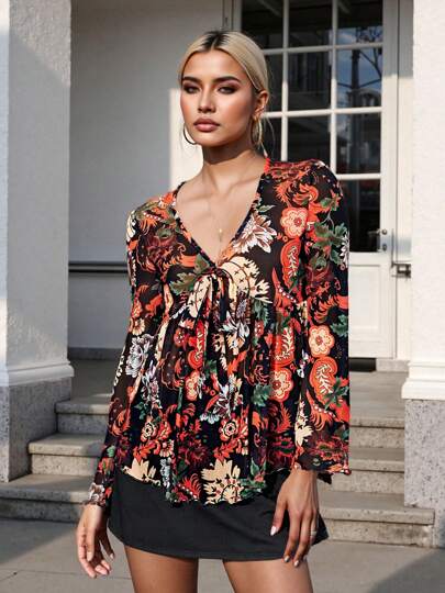 Women's Bell Sleeve Blouse Casual A Line Stylish Tie Bow Front Floral Print V Neck Tops For Spring/Summer
