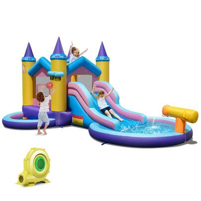 Kids Inflatable Water Slide W/ Slide Splash Pool Water Cannon W/ 735W Blower