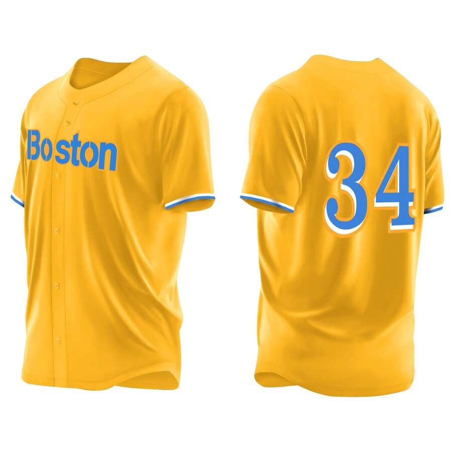 Men's Baseball Jersey 34 Yellow Button-Down Embroidered Sports T-Shirt Gym Clothes Men Basic T Shirt - 黃色 - 查看 1