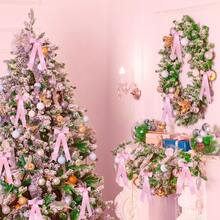 24 Pcs Pink Satin Ribbon Bows, Christmas Tree Bows Wreath Bows Rustic Large Tree Topper Bow For Door Windows Xmas Home Wedding Decorations Indoor Outdoor Christmas Decorations Winter Room Decor