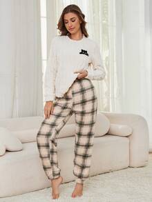 Standard Size Women Autumn/Winter Round Neck Long Sleeve Top & Pants Warm Suit, Cat Embroidery Casual Homewear Can Be Worn Outdoors, Cozy Clothes, Fluffy - Apricot - View 6