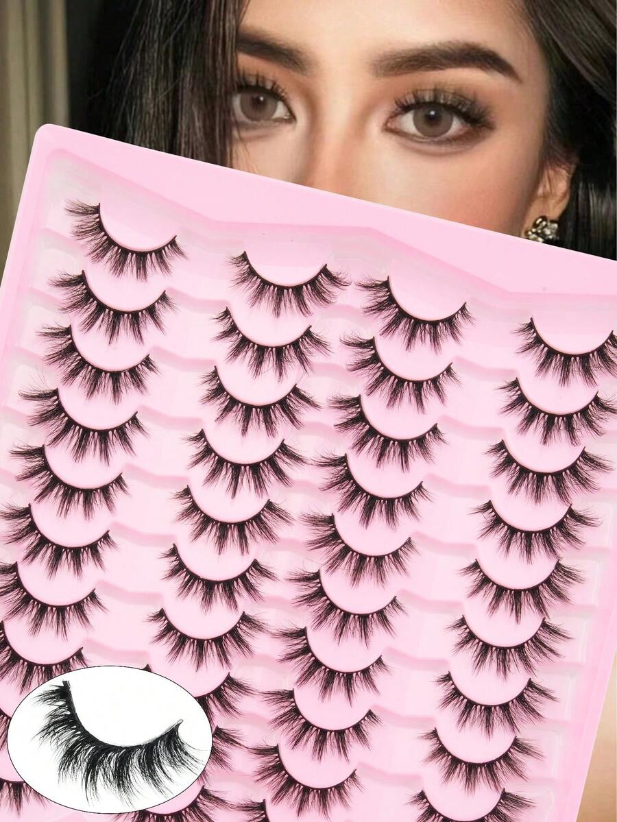 20 Pairs Natural Crossover False Eyelashes,Handmade Lengthened Thick Curly Eyelashes Artificial 3D Fuax MinkEyelashes D Curvature Makeup Tools Hot Sellers For Daily Life, Gift For Christmas - 濃密款 - 查看 1