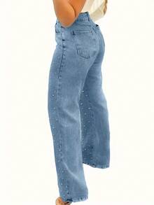 Women's Multi-Pocket Straight Jeans With Pearl Design, Women's Casual And Versatile Jeans Pantalones De Mujer Jean - Blue - View 4