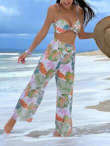 Tropical Print High Slit 3 Piece Bikini Set, Summer Beach Cover Up, 3 Pieces Beach And Vacation Outfits Set For Women: Ruched Strappy Bikini Swimsuit Set With Hard Cup + Semi-Sheer Botanical Print Bottoms - 彩色 - 查看 3