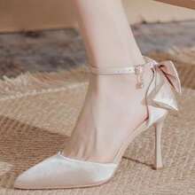 Zapatos de tacón elegantes de estilo francés para mujer, con adorno de lazo en el talón, tacón fino de color liso y puntera puntiaguda, ideales para bodas. - Rosa - Ver 5