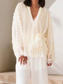 Women's Sequin Cardigan V Neck Front Wrap Tie Long Sleeve Beachwear Sparkling Tops - trắng - Xem 4