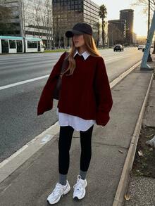 Senya 女士秋冬圆领长袖轻薄针织羊毛衫，侧开衩直袖设计，日常通勤百搭针织套头衫，新年必备 - 酒紅色 - 查看 2