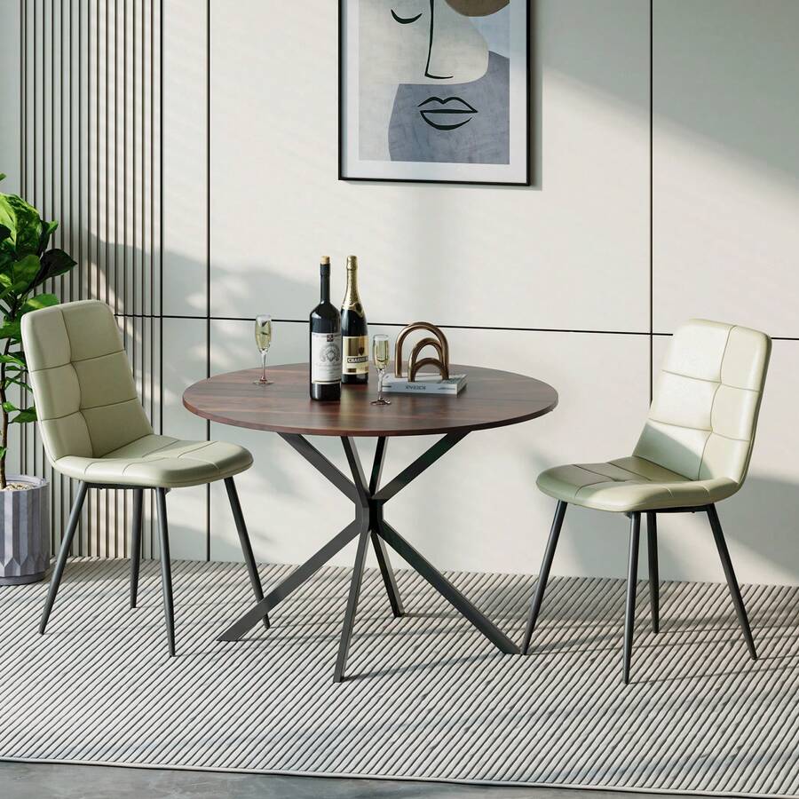 Dining Table And Chairs Set Of 2, Brown Folding Round Dining Table With 2 PU Beige Leather Chairs For Dining Room, Kitchen, Living Room