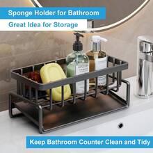 1pc Multi-Functional Kitchen ABS Material  Storage Rack Kitchen Sink Faucet Sponge Drain Basket Kitchen Shelf Sink Rags Draining Rack Detergent Steel Wire Ball Storage Rack,  Can Hang Cleaning Cloth Can Store Cleaning Tools, Kitchen Accessories - 黑色 - 查看 5