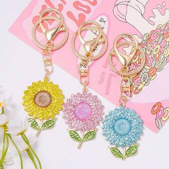 Sunflower Crystal Keychain, Lightweight Luxury Metal Keyring, Small Pendant, Rhinestone Bag Charm, Wholesale Cross-Border Flower Print Zinc Alloy Jewelry, Summer Halloween Accessories Teachers Day Bag Accessories Lanyards With Id Holder Car Accessories Bag Charms Christmas Gift