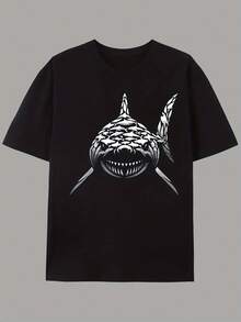 New Men's Casual Shark Print T-Shirt, Light Gray Short Sleeve Crew Neck Tee For Summer And Spring, Soft Pure Cotton Blend, Relaxed Fit, Outdoor Leisure Wear, Summer Casual Wear| Crew Neck Tshirt| Breathable Fabric - 黑色 - 查看 3