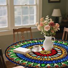 1/36 piezas Mantel redondo de 48 in/54 in con estampado digital de patrón retro y contraste bohemio, mantel elástico para protección, resistente a arañazos, adecuado para uso diario, interior/exterior, decoración del hogar, idea de regalo, camping, viaje