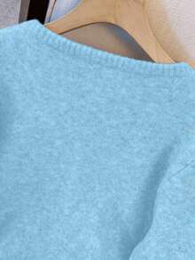 1pc Solid Color Front Button Round Neck Casual Loose Minimalist Metal Button Long Sleeve Sweater, Versatile Spring/Winter Tops For Women - Baby Blue - View 5