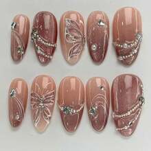 White Butterfly Press On Nails Medium Almond Fake Nails Pink White Gradient False Nails With Glitter Design Nails 3D Shiny Rhinestone Pearl Stick On Nails Irregular Lines Acrylic Nails For Women 30Pcs,17114399 - 珊瑚粉 - 查看 1