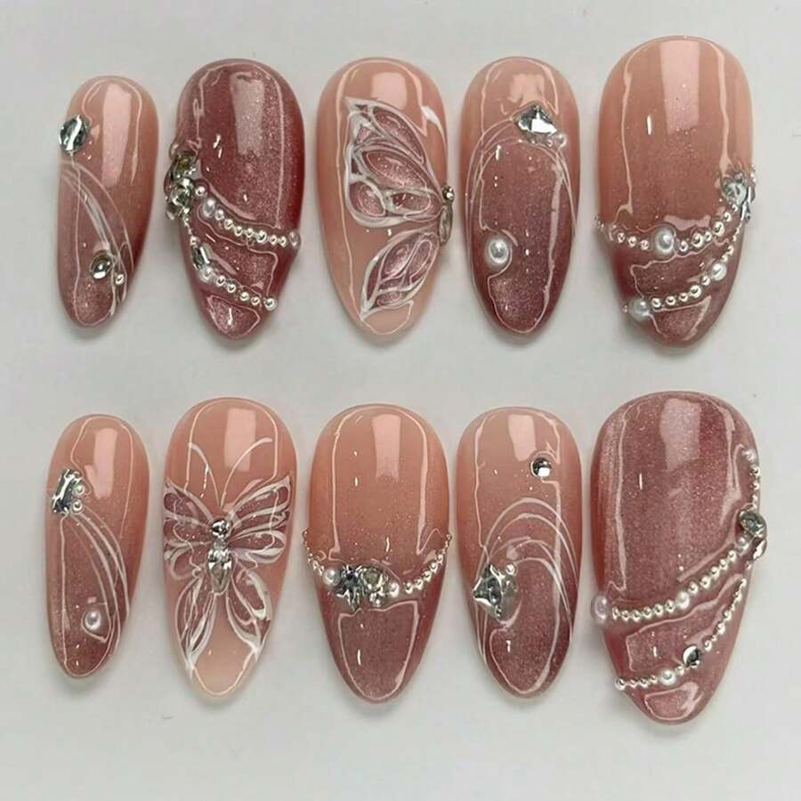 White Butterfly Press On Nails Medium Almond Fake Nails Pink White Gradient False Nails With Glitter Design Nails 3D Shiny Rhinestone Pearl Stick On Nails Irregular Lines Acrylic Nails For Women 30Pcs,17114399 - 珊瑚粉 - 查看 1
