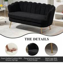 59" Wide Loveseat Sofa, Boucle/Chenille Upholstered Small Couch With Petal-Shaped Design, Modern Leisure Sofa With Gold Metal Legs, Mini Room Couch For Bedroom, Apartment - Black-Boucle - 查看 5