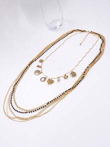 1pc Fashionable Luxury Design Multi-Layer Beaded Chain Geometric Pattern Pendant Necklace For Women