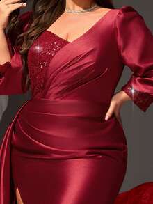 VIPGIRL Plus Size Wine Red Sequin Long Sleeve V-Neck High Slit Evening Gown, Heavy Beaded Formal Maxi Dress For Curvy Women, Slimming Banquet Dress, Luxury Couture Party Gown