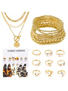 31/30/24/21 件多件可堆叠花朵、心形、几何图案、结、肖像、扭曲、星星、月亮、水钻、闪亮、珍珠、链条、几何圆圈、串珠、泪珠、流苏、多层、宝石、十字交叉、波浪、光滑、蛇骨链、纯色圆圈戒指、耳环、夸张宽脸、粗项链 + 耳环 + 戒指 + 手链首饰套装、时尚、极简主义、优雅、复古、设计、节日、度假、派对、约会、礼物、日常佩戴 - 金黃色 - 查看 9