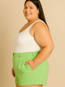 BrasOutlet Elegant Plus Size Women's Linen Shorts With Pockets, Casual Chic, Sizes G1 And G2 - Màu xanh Bạc hà - Xem 3