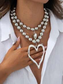 2 件波西米亚风格夸张大串珠心形吊坠项链，奢华时尚女士节日派对百搭心形吊坠颈链 - 銀色 - 查看 1