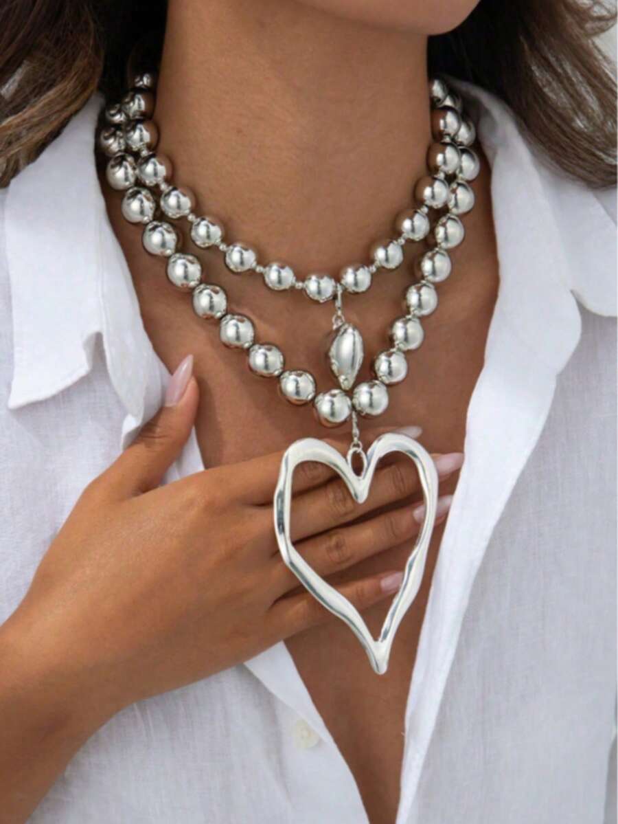 2 件波西米亚风格夸张大串珠心形吊坠项链，奢华时尚女士节日派对百搭心形吊坠颈链 - 銀色 - 查看 1