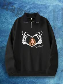 Sweat-shirt-shirt personnalisé pour hommes grande taille avec photo et texte, imprimé crâne et paume, pull personnalisé, cadeau de couple pour l'automne/l'hiver ou anniversaire, Top à manches longues - Noir - Voir 5