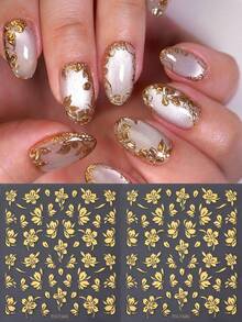 Pegatinas de uñas con estampado de hojas y flores de otoño, con impresión de lámina dorada metálica, pétalos florales, decoraciones de uñas de Acción de Gracias, suministros de manualidades para uñas autoadhesivas