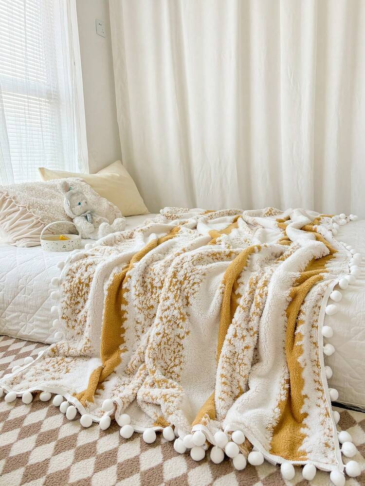 1枚 デュアルカラー ストライプ柄 スローブランケット、暖かく、ソフト