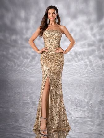 YISIKADO Vestido de fiesta de mujer con lentejuelas, vestido de noche con volantes sin mangas con abertura en el bajo, brillante para invitada de boda, cena, banquete, graduación, ceremonia y celebración