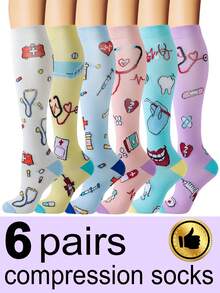 6双男女通用压缩袜，可爱图案长筒透气袜，适合跑步、骑行、健身、跳绳、紧身裤等运动 - 彩色 - 查看 4
