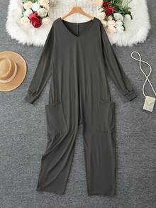 女士纯色针织连体裤，带口袋，适合假日、婚礼、度假、日常休闲穿着，秋冬春季皆宜，优雅百搭。 - 深灰色 - 查看 2