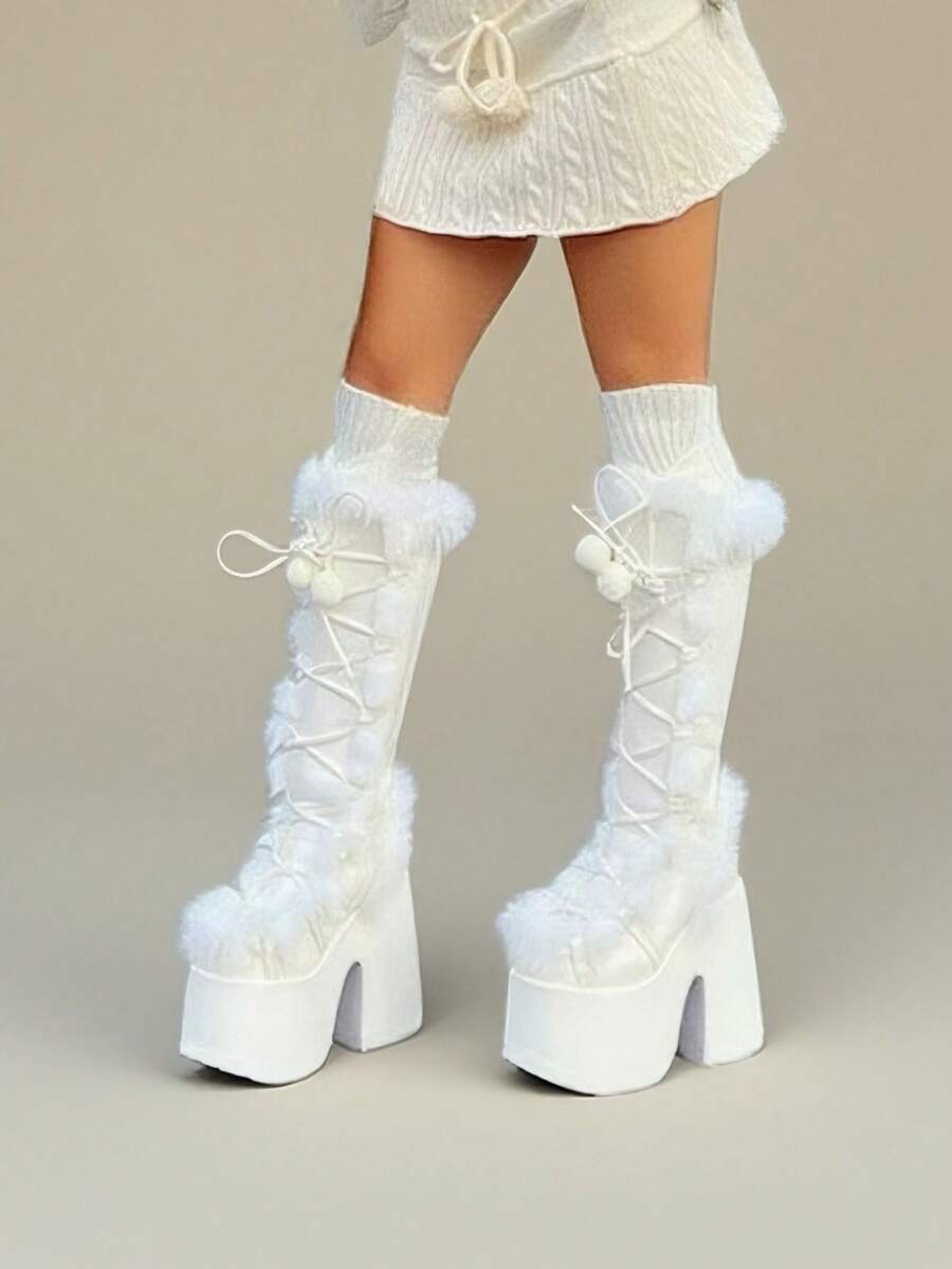 Women'S Y2K Fuzz Goth Knee High Snow Boots Fashion Punk Platform Chunky High Heels Lace-Up Side Zipper Fluffy Faux Fur Fall Winter Boots Woman - 白色 - 查看 1
