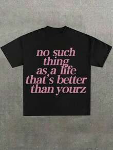 Inspirational Quote Graphic Tee, 100% Cotton Casual Round Neck Fashion Street Life Gothic Women Black T-Shirt - 黑色 - 查看 1