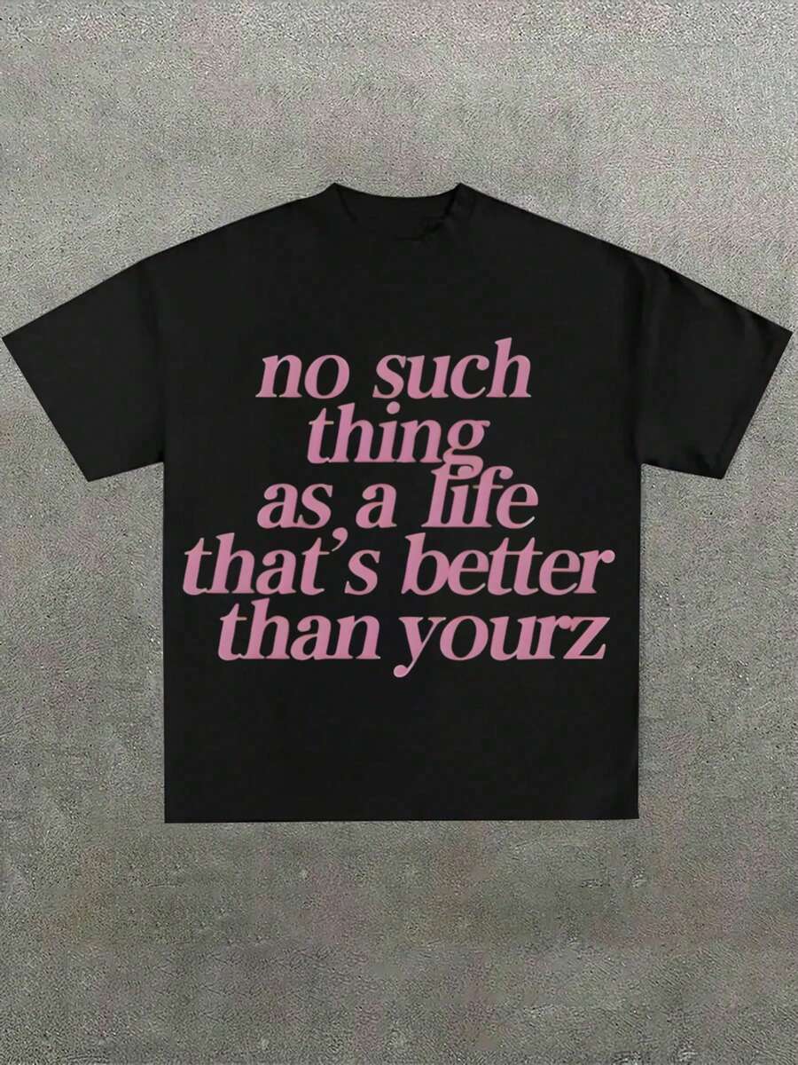 Inspirational Quote Graphic Tee, 100% Cotton Casual Round Neck Fashion Street Life Gothic Women Black T-Shirt - 黑色 - 查看 1