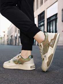 Flipark [Recommend Taking One Size Smaller] 1 Pair Men's Lace-Up Letter Pattern PU Flat Skate Shoes, Wear-Resistant Outdoor Sports Shoes - Green - View 4