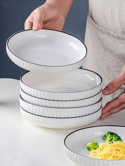 9/7pcs Striped Ceramic Dinner Plate Set, 7 Inch, Ceramic Round Plates For Home, Dining Room, Simple Large Plates, Salad Plates And Steak Plates Tableware Set, Dessert Plates, Kitchen Dining Plates, Bread Plates, Suitable For Home Kitchen, Dining Room Gathering, Kitchen Supplies, Tableware Accessories, Oven Aicrowave Safe