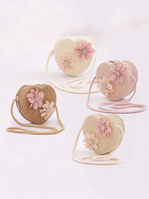 1pc - Fashionable New Woven Straw Bag, Cute Cartoon Heart Shaped Flower Bag, Lace Flower Decor Super Adorable, Shiny Crystal Flower Stamen, Multi-Color Woven Bag Styles