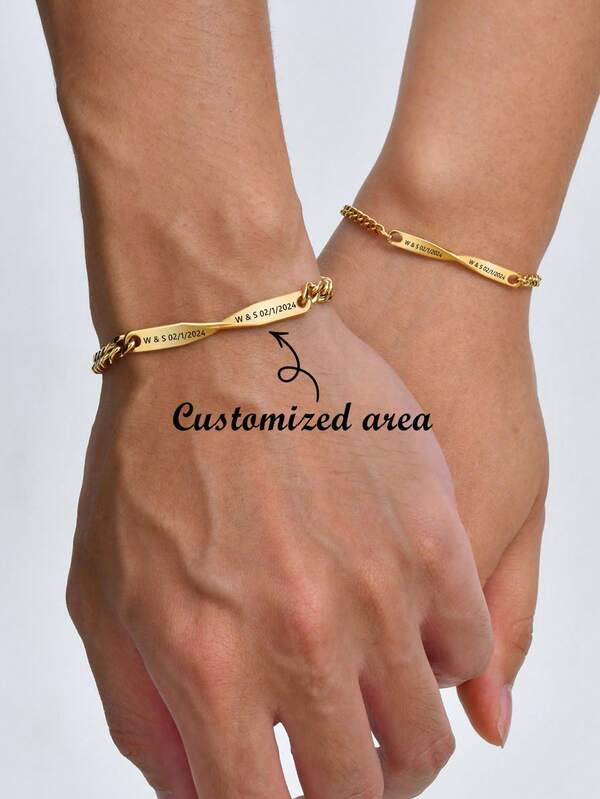 2pcs Personalized Name & Date Laser Engraved Stainless Steel Gold/Silver Couple Bracelets, Gift For Boyfriend, Girlfriend, Thanksgiving, Christmas