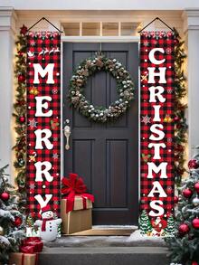 2pcs/Set Christmas Decoration Door Couplets, Red Black Plaid Santa Claus Snowman Pattern Door Banners, Merry Christmas Party Decoration Background Cloth, Christmas Indoor/Outdoor Porch Wall Decoration Hanging Flags, Christmas Entrance Door Front Door Decoration, Christmas Courtyard Garden Decoration