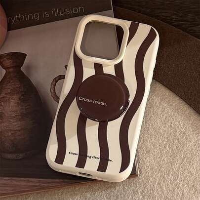 GUCADI 1pc Cheese White Zebra Stripe + Red Brown Round Stand Retro Creative High-End Anti-Drop Soft Case Compatible With Apple 16/15/14/13/12/11 Series