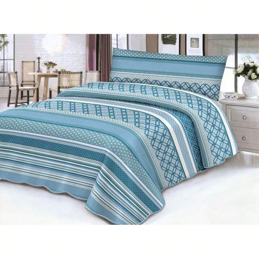 Floral Print Bedding Set, 3-Piece Brushed Microfiber Sheet Set, Without Filling, Consisting Of A Flat Sheet, Fitted Sheet, And Pillowcase, Machine Washable, Bed Sizes 90/105/135/150/180/200 Cm, For King, Queen, And Single Beds - 藍色條紋 - 查看 1