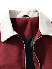 1pc Men's Fashionable Burgundy Jacket With Contrast Collar Design, Eye-Catching Zipper And Large Pockets, Crisp Fabric, Suitable For Young Men's Casual Outings, Street Wear And Neighborhoods To Showcase Personal Style