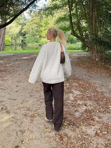 Vivid Style 女士圆领毛衣，扭结针织面料，纯色简约休闲风，运动通勤风，街头风，适合秋冬季节，情人节白色 - 白色 - 查看 6